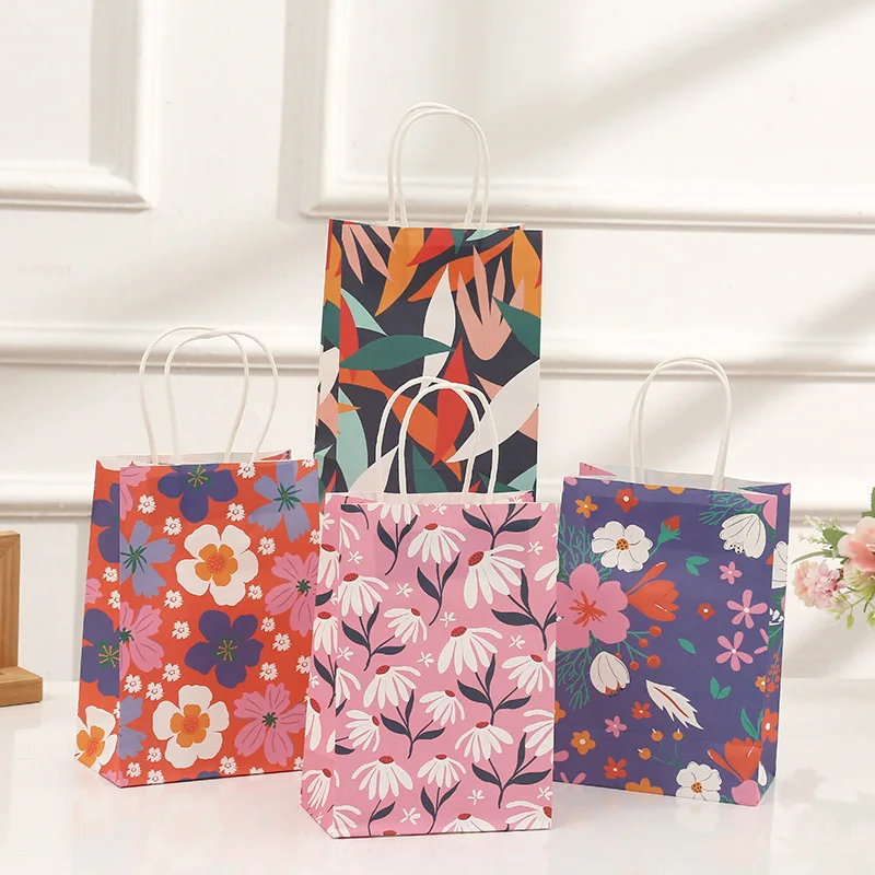 

12/24pcs Festival Gift Bags Cute Cartoon Flower Pattern Party Handbag Gift Packaging Kraft Paper Shopping Tote Bags