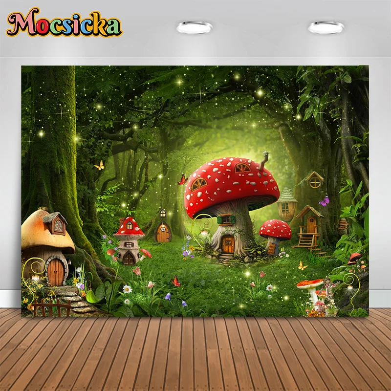 

Mocsicka Photography Backgrounds 3D Fairytale World Mori Ridge Mushroom House Glitter Backdrops Kids Birthday Indoor Photo