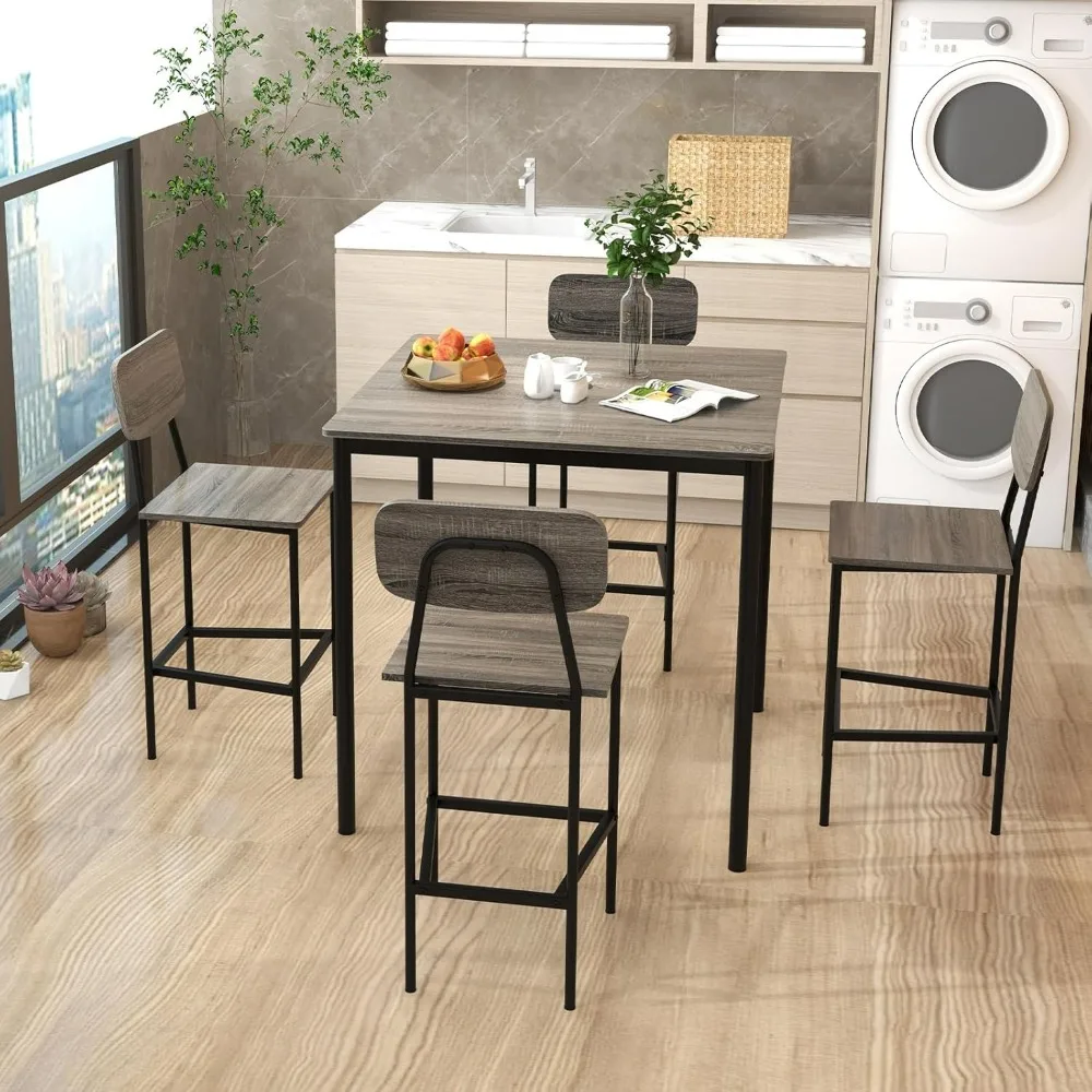 5-Piece Dining Table Set W/Counter Height Table & 4 Bar Stools, Modern Kitchen Dining Set W/Footrest & Backrest, Space-S 2