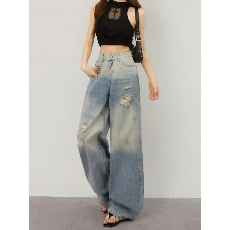Jeans déchirés à jambes larges pour femmes, nouvelle tendance estivale, taille haute, amincissants, pantalons en denim amples et droits