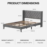 King Size Bed Frame with LED Lights, Wingback Diamond Tufted Headboard, Wood Slats Support, Upholstered Bed Frame 2