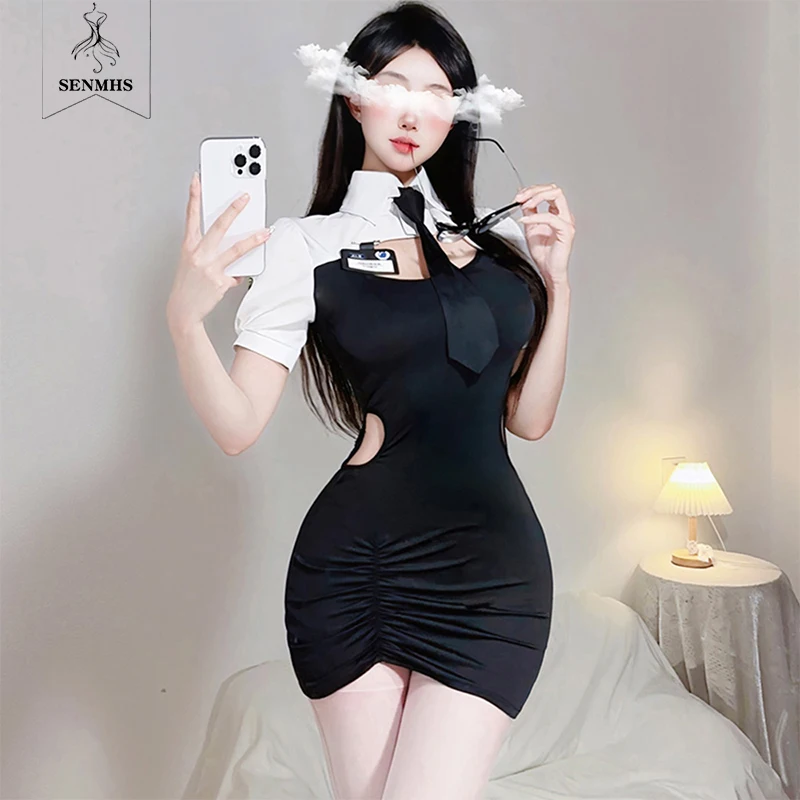 

SENMHS Hip Wrap Dress Hollowed Out Tie Sexy Underwear Female Police OL Cosplay Professional Instructor Secretary Uniform Set