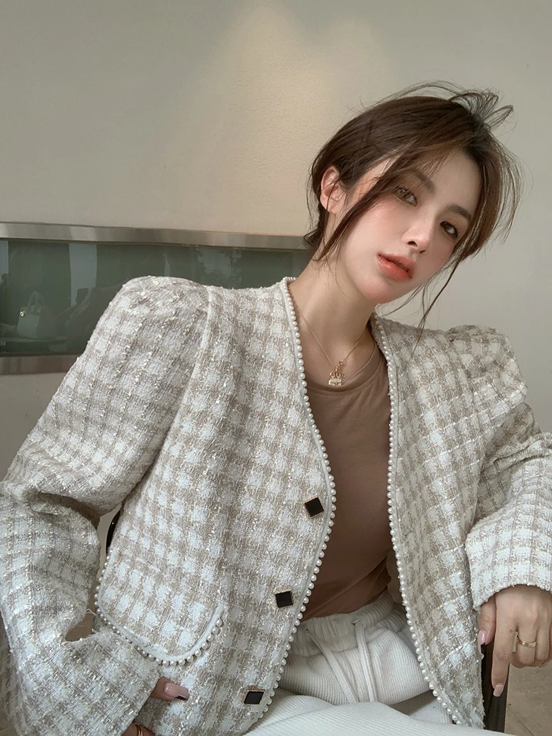 

Женское твидовое пальто с жемчужным краем, осенне-зимнее пальто с клетчатым узором для девушек