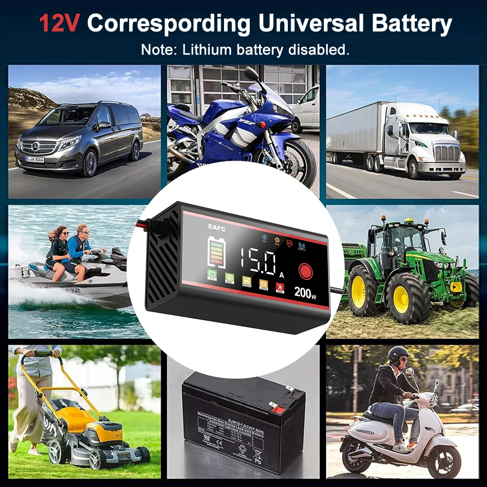 EAFC 200W/100W Automatic Car Battery Charger 12V 15A/8A for Lead-Acid, LiFiPO4, GEL, and AGM Batteries