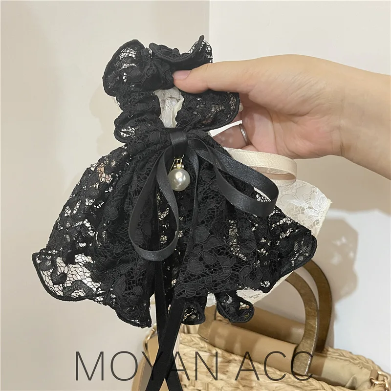 Elegant Lace Pearl Bow Hair Band Women's Hair Tie Elegant Graceful Ponytail Ribbon Large Intestine Ring Hair Rope Headdress