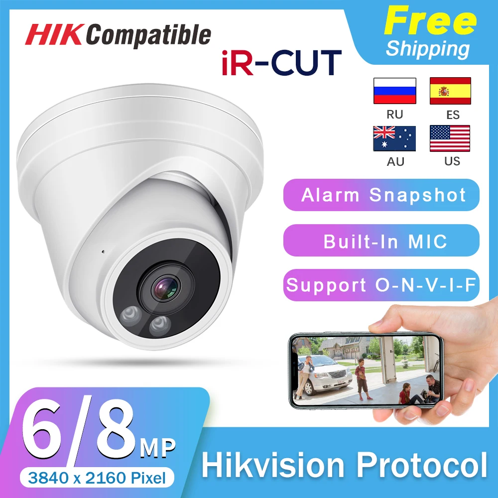 

Hikvision Compatible 8MP POE IP Camera Built in Microphone 4K Turret CCTV Home Security Mini Cameras Night Vision IR IP66 P2P