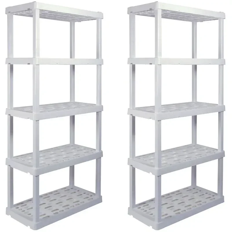 

74" H x 18" D x 36" W 5 Shelf Plastic Garage Shelves, Pack of 2 Storage Shelving, White 750 lbs. Capacity