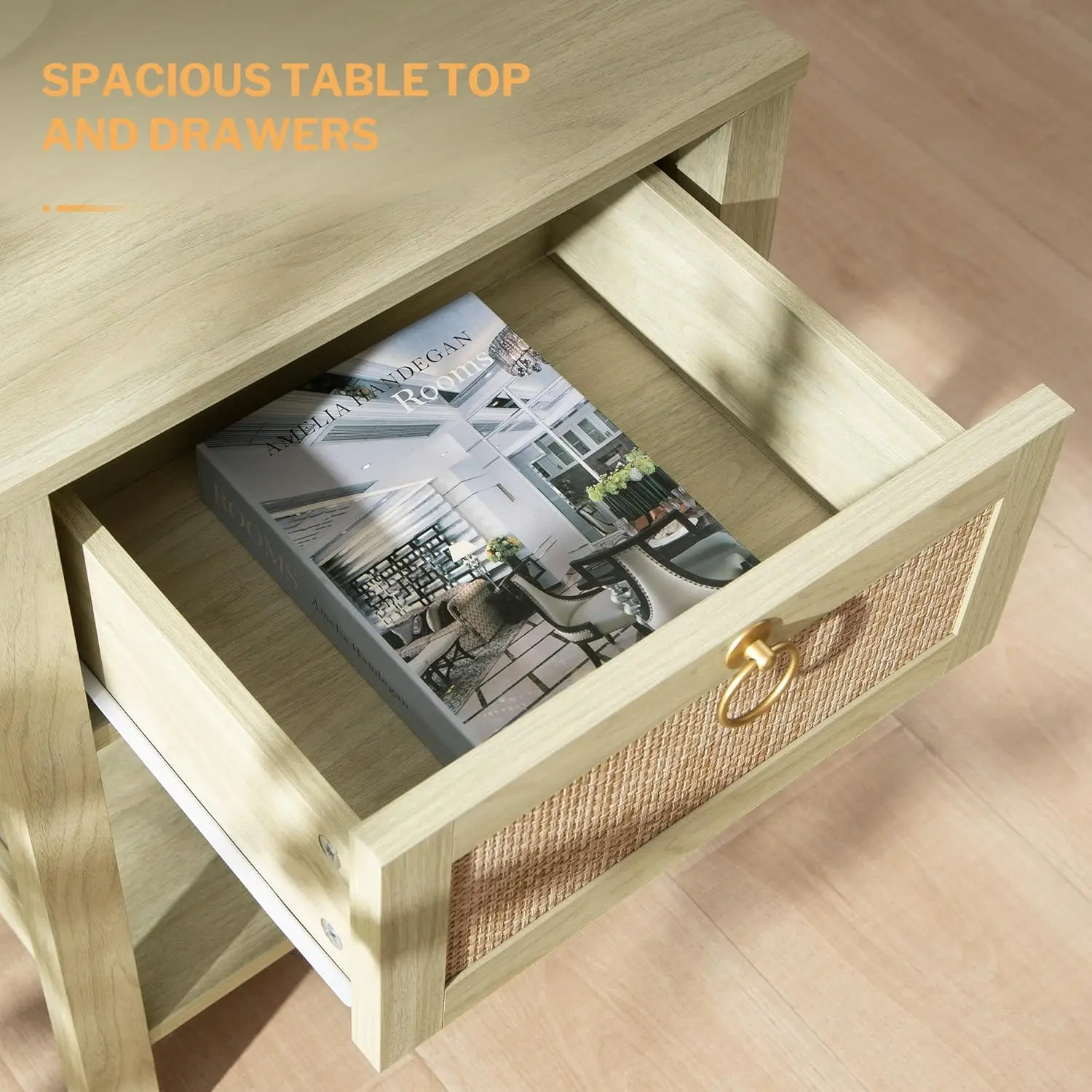 Nightstand Set of 2-Rattan Decor Drawer with Brass Knobs Night Stand Wood Bedside Table End Tables Side Tables