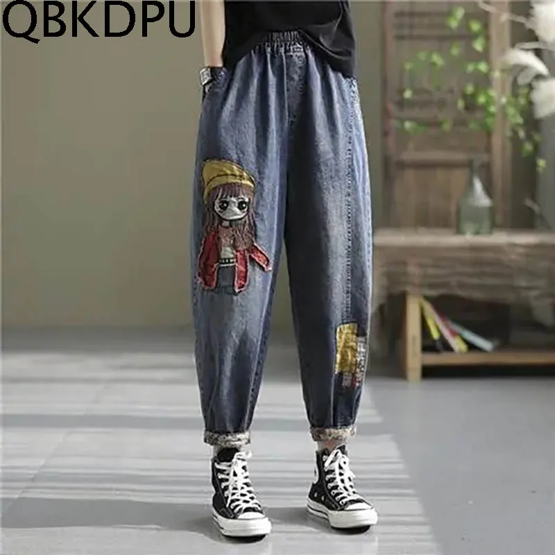 Autumn Retro Embroidered Cartoon Girl Denim Trousers Women's Fashion Streetwear High Waist Patchwork Trousers Christmas Jeans