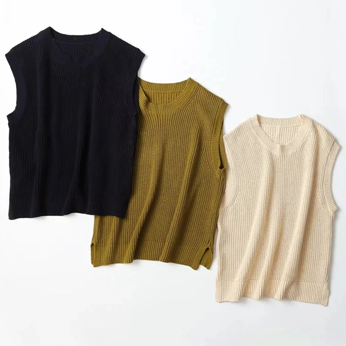 

Maxdutti England Style Fashion Simple Multicolor O-neck Sleeveless Tank 2023 Casual Knitwear Vest Women Jacket Tops