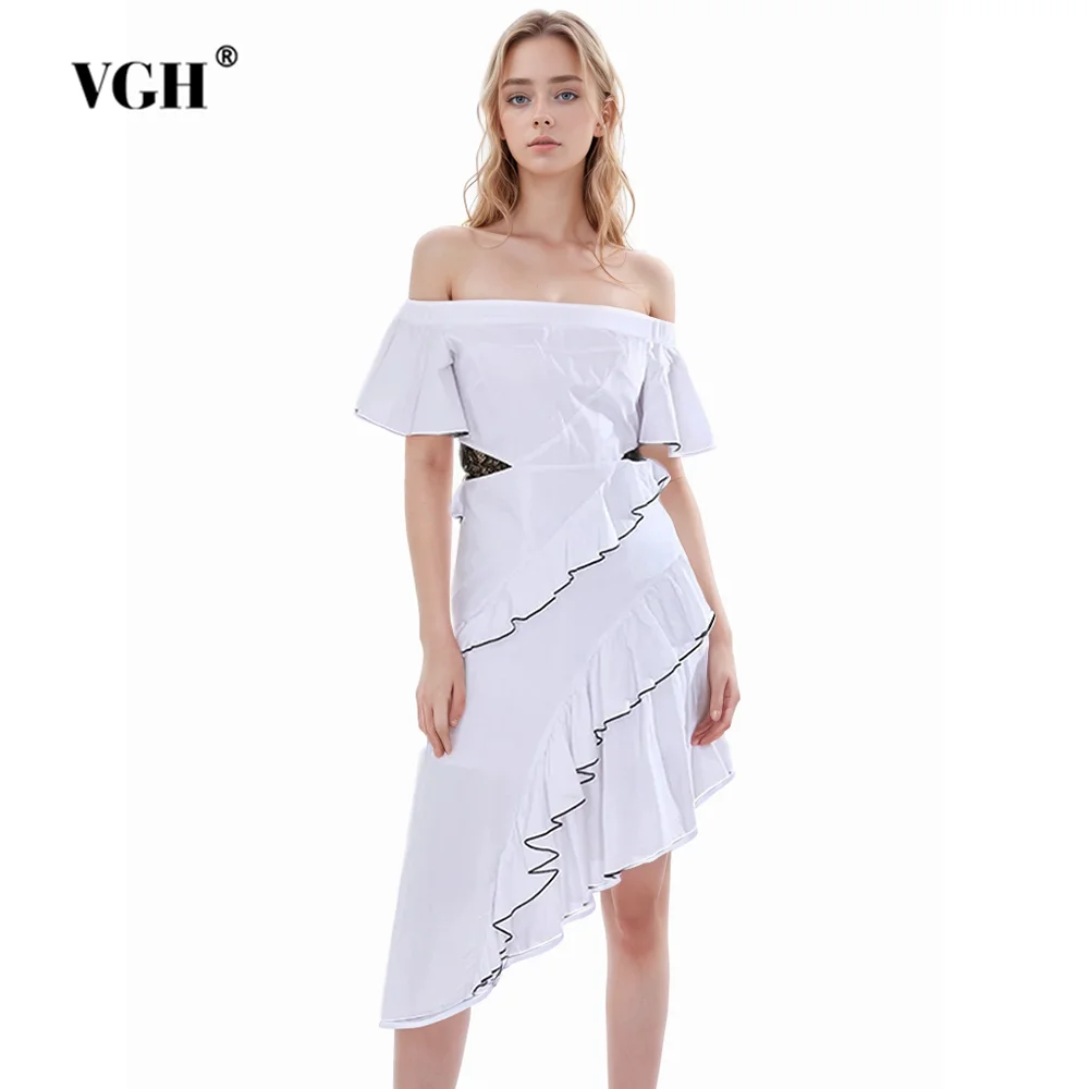 

VGH Solid Patchwork Ruffles Elegant Dresses For Women Slash Neck Short Sleeve High Waist Casual Mini Dress Female Fashion New