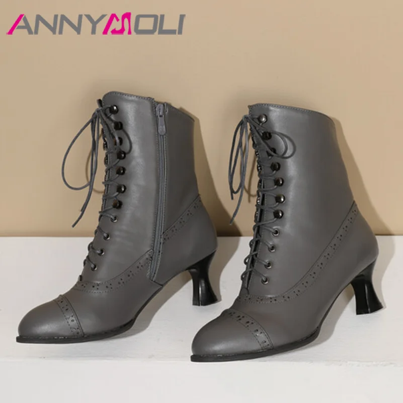 

ANNYMOLI Women Pu Leather Fashion Boots Ankle Boots High Strange Style Round Toe Lace Up Rivets Sexy Winter Autumn Shoes Black