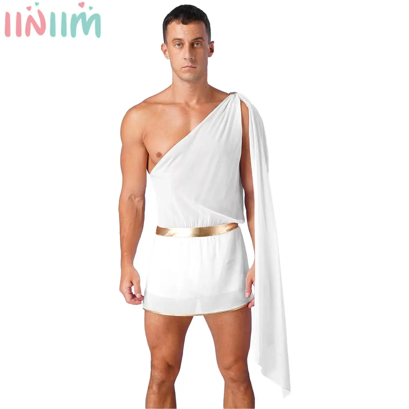 

Mens Halloween Ancient Greek Toga Cosplay Jumpsuit One Shoulder Shorts with Slit Skirt Party Roman Spartan Warrior Sexy Outfits