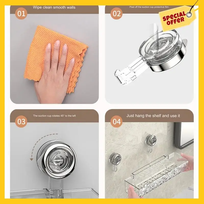 No-Drill, Light Luxury Style Glacier Pattern Suction Cup Shelf,Bathroom Shower Organizer Durable Transparent Fan Style