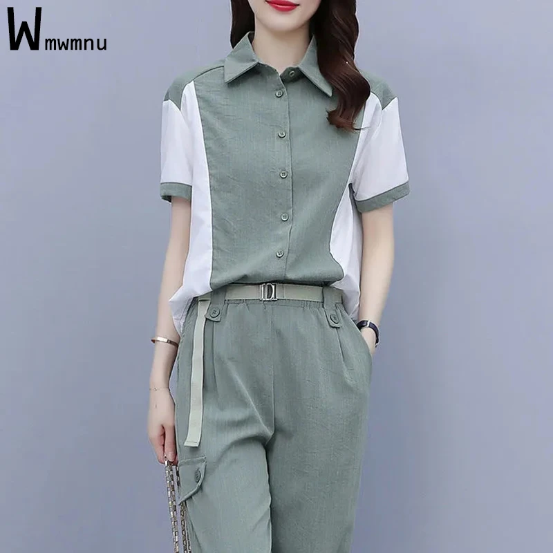 Design Spliced Shirt Outfits Elegant Chic Two Piece Sets Oversized 4xl Women Short Sleeve Blouse and Capris Jogging Pants Suits blouses ruffled button flare sleeve blouse in orange size l m s xl