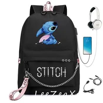 Lilo And Stitch USB 충전 배낭 남녀공용 학교 가방, 청소년 배낭, 데일리 리본 배낭