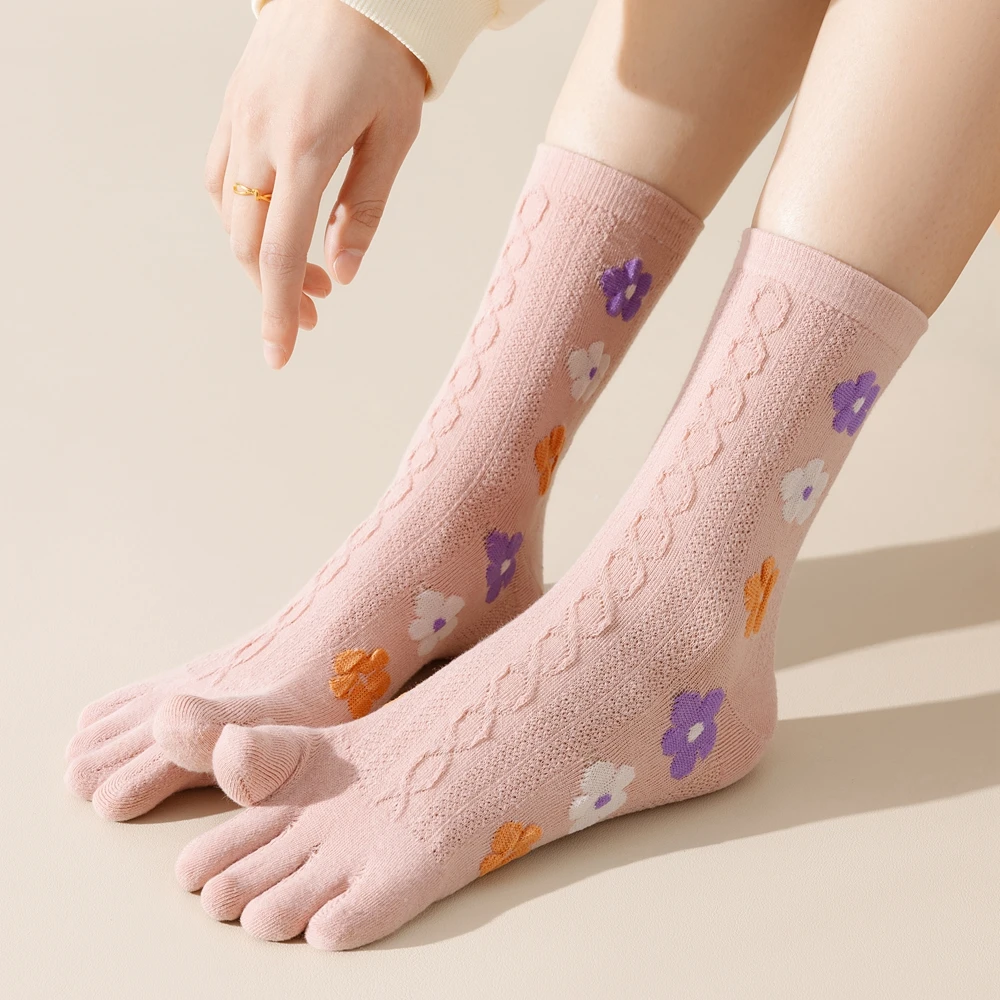 5 páry jaro léto ženy prst ponožky s oddělený prstů roztomilá květinová kvést pět zdvižený prostředík ponožky prostřední trubice bavlna ponožky