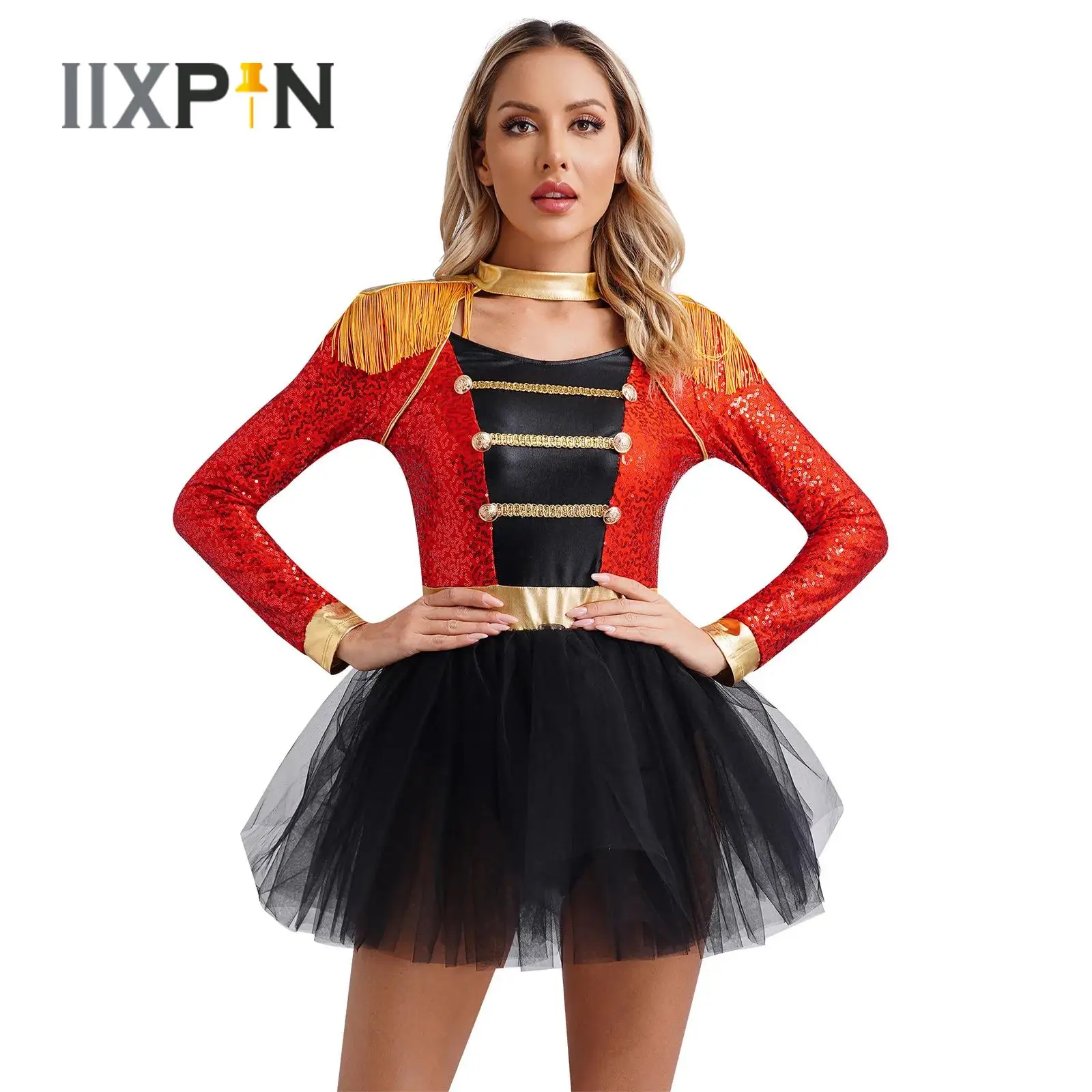 

Circus Ringmaster Tutu Dress for Womens Long Sleeve Tassel Shoulder Boards Tulle Skirt Bodysuit Dress Halloween Cosplay Costume