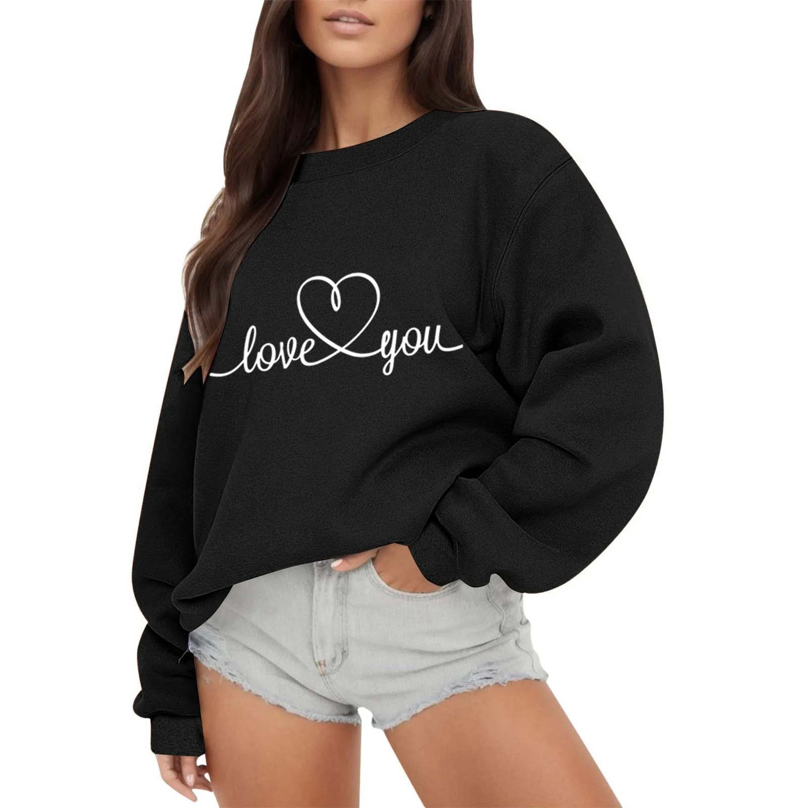 

Women's Fashion Outdoor Valentine's Day Love Print Loose Solid Round Neck Long Sleeved Hoodie 9 Fleece Crop Set