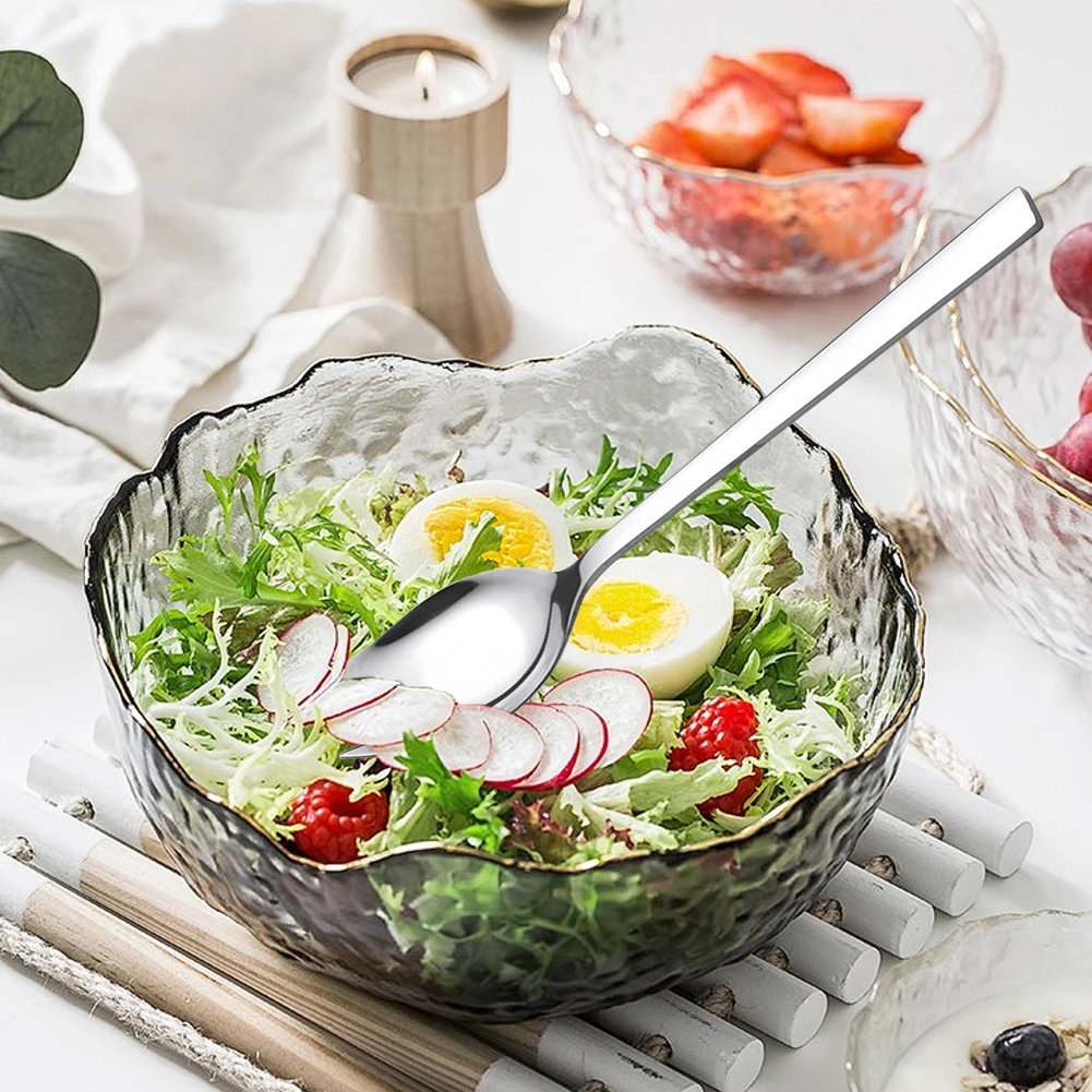 5Pcs 스포크 스테인레스 스틸 스푼 포크 칼붙이류 디저트 아이스크림 샐러드용 긴 손잡이 스푼 포크 은식기류