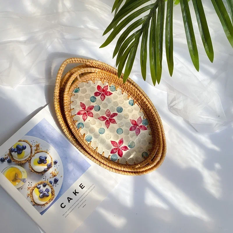Rattan Shell Tray Living Room Home Creative Woven Snack Storage Basket Fruit Sundries Basket Kitchen Storage Tray Decorate