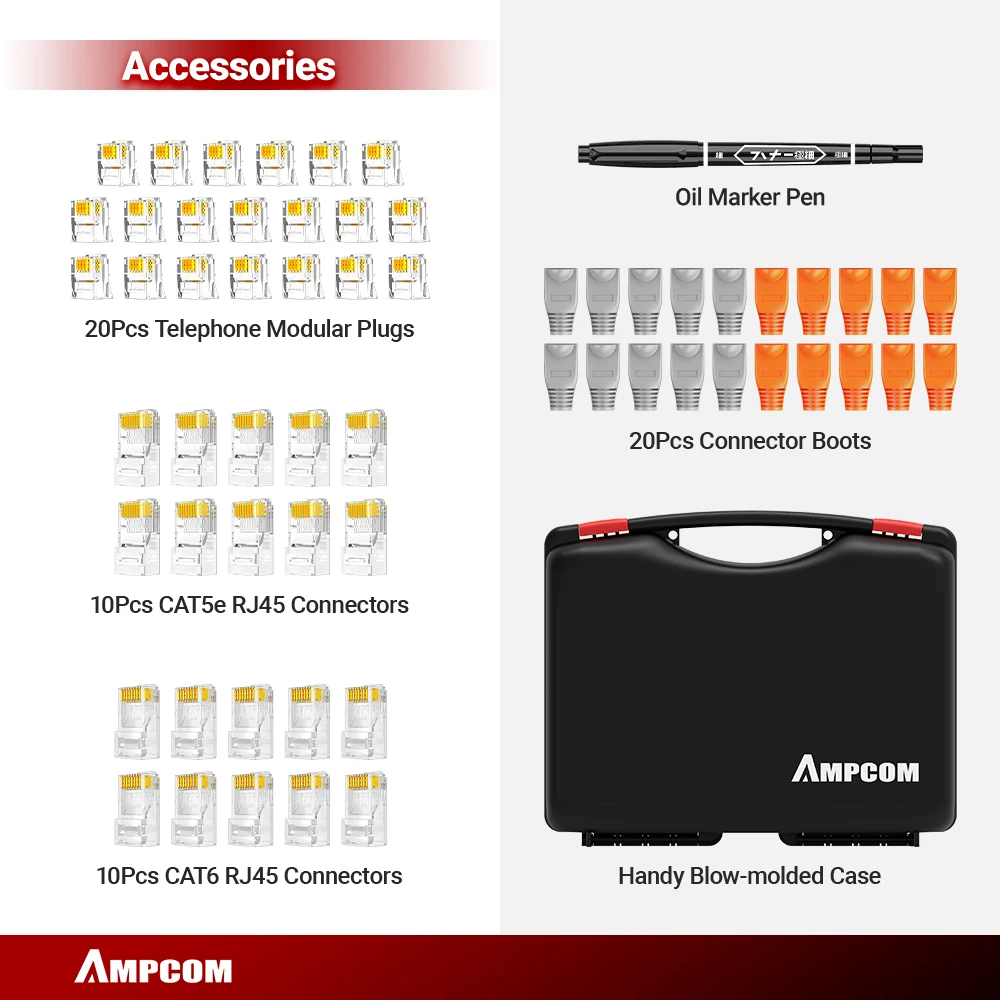 Ampcom Lan Tester Tool Grupo Cabo Ethernet Stripper Punch Down Tool Crimper Conectores 12 em Rj45 rj 45 Rj11 - Imagem 6