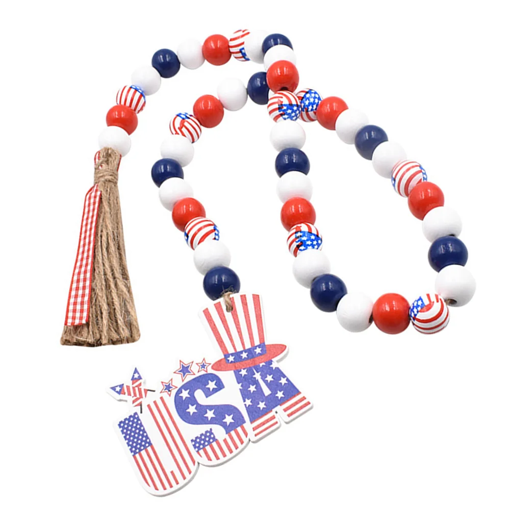 

American Decor Independence Day Wooden Bead String Garland Tassel Wreath Hanging Pendant with Beaded Delicate