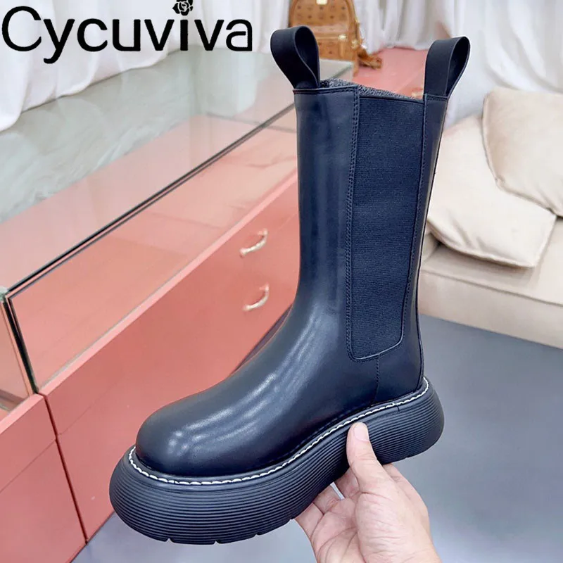 

Real Leather Mid Calf Chelsea Boots For Women Thick Sole Flat Platform Designer Boots Autumn Runway Party Motorcycle Boots Women