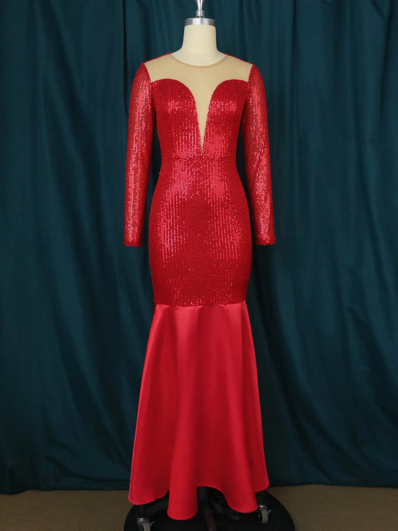 Plus Size Red Sequin Woman Dress Mesh See Through Chic Elegant Club Outfit Casual Luxury Gown 2023 Spring Evening Party Dress