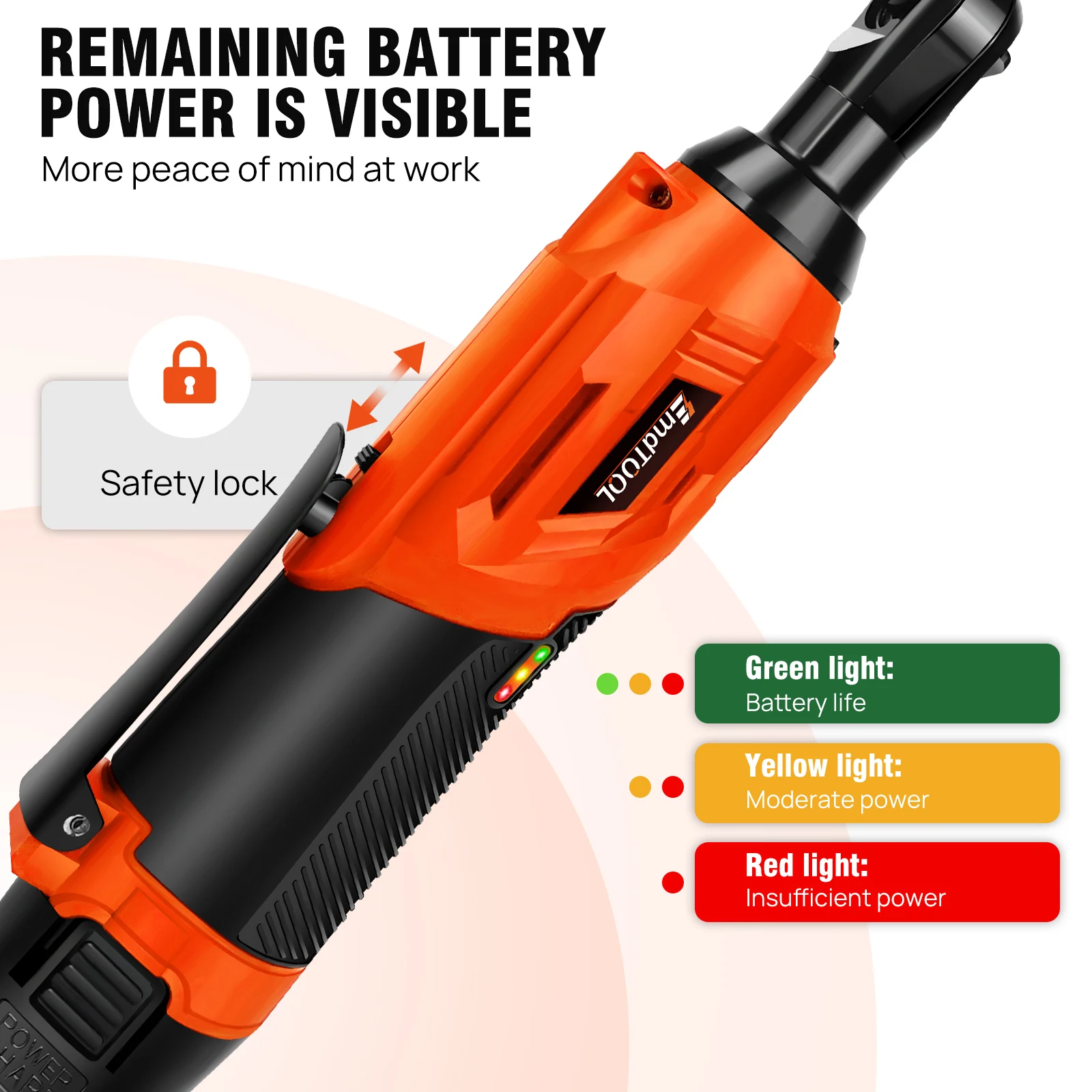 EMDTOOL Electric Cordless Right Ratchet 3/8'' 90° Angle Wrench 200N.m Torque with LED Work Light +7pcs Sockets Set,2 Batteries 4