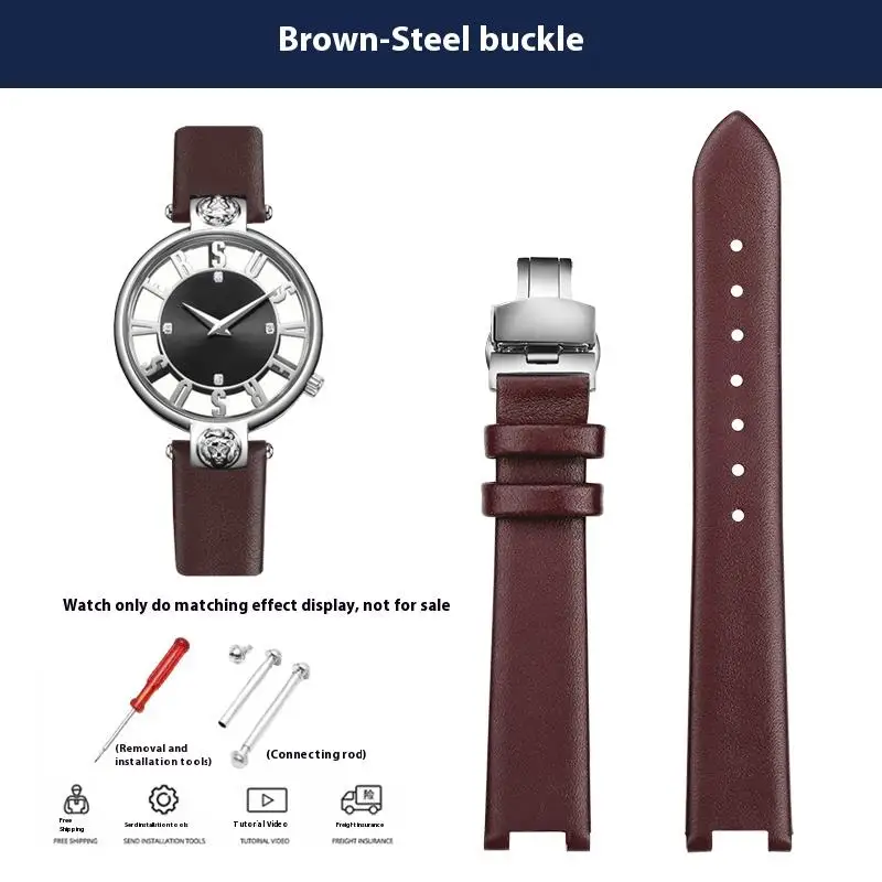 Women's Genuine Leather Cowhide Watchband with Notched 16mm Butterfly Buckle