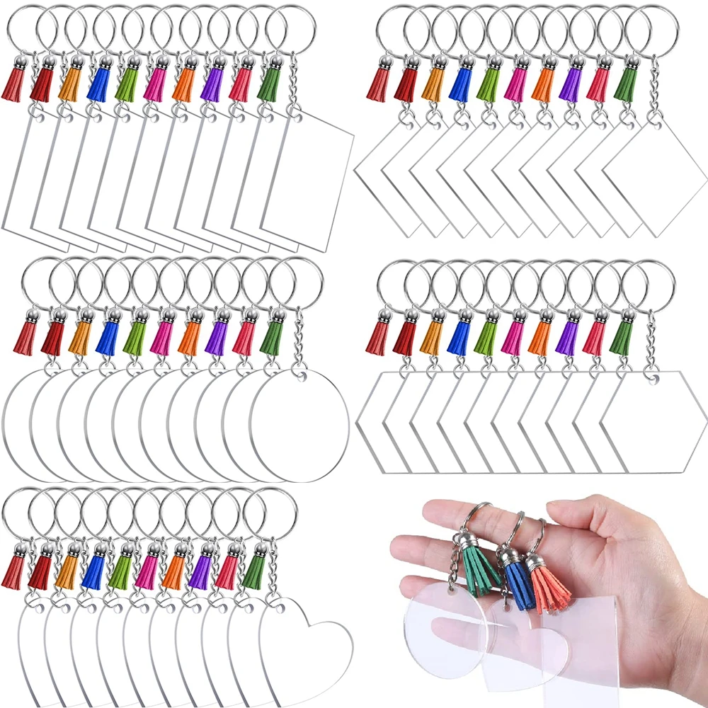 100Pcs Blank Keychains for Vinyl Acrylic Bulk with 5 Shapes Clear