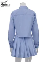Oymimi Elegant Blue Striped Print Sets For Women 2 Pieces Fashion Long Sleeve Button Crop Tops And High Waist Pleated Skirts Set - Image 6