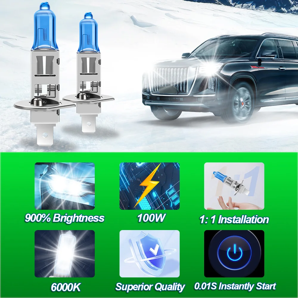2/4개입 H1 100W 자동차 할로겐 헤드라이트 전구 12V 초고휘도 안개등 30000LM 6000K 백색 자동차 라이트 1:1 미니 사이즈 간편 장착
