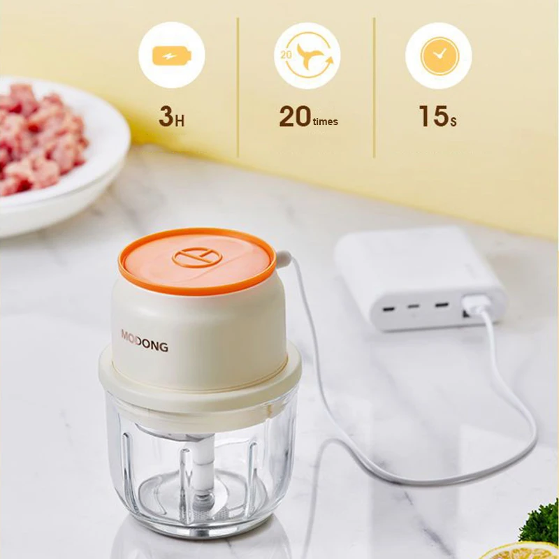 MODONG Household Meat Grinder Chopper Portable Glass Bowl 45W Multipurpose Chopper 1200mAh Battery Rechargeable Meat Grinder 3