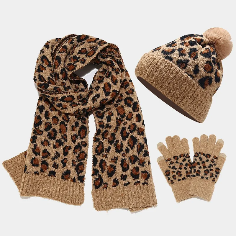Knitted Hat Set Scarf Gloves Three Piece Set for Women Leopard Print Outdoor