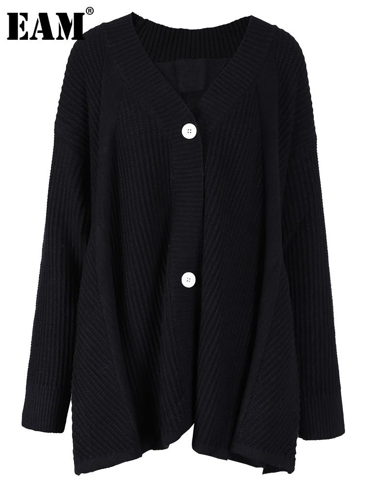 

[EAM] Black Big Size Knitting Cardigan Sweater Loose Fit V-Neck Long Sleeve Women New Fashion Tide Autumn Winter 2024 1DF044901