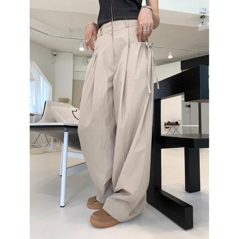 

2023 Summer Vintage Korean Retro High Street Side Lace Up Low Waist Trousers Streetwear Fashion Wide Leg Pants