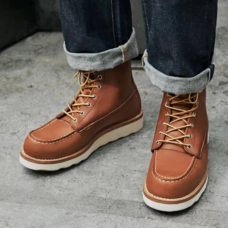 Handmade High Top Shoes Mens Vintage Round Toe Genuine Leather Casual Mid Calf Boots Spring Autumn Thick Platform Cowhide Boots