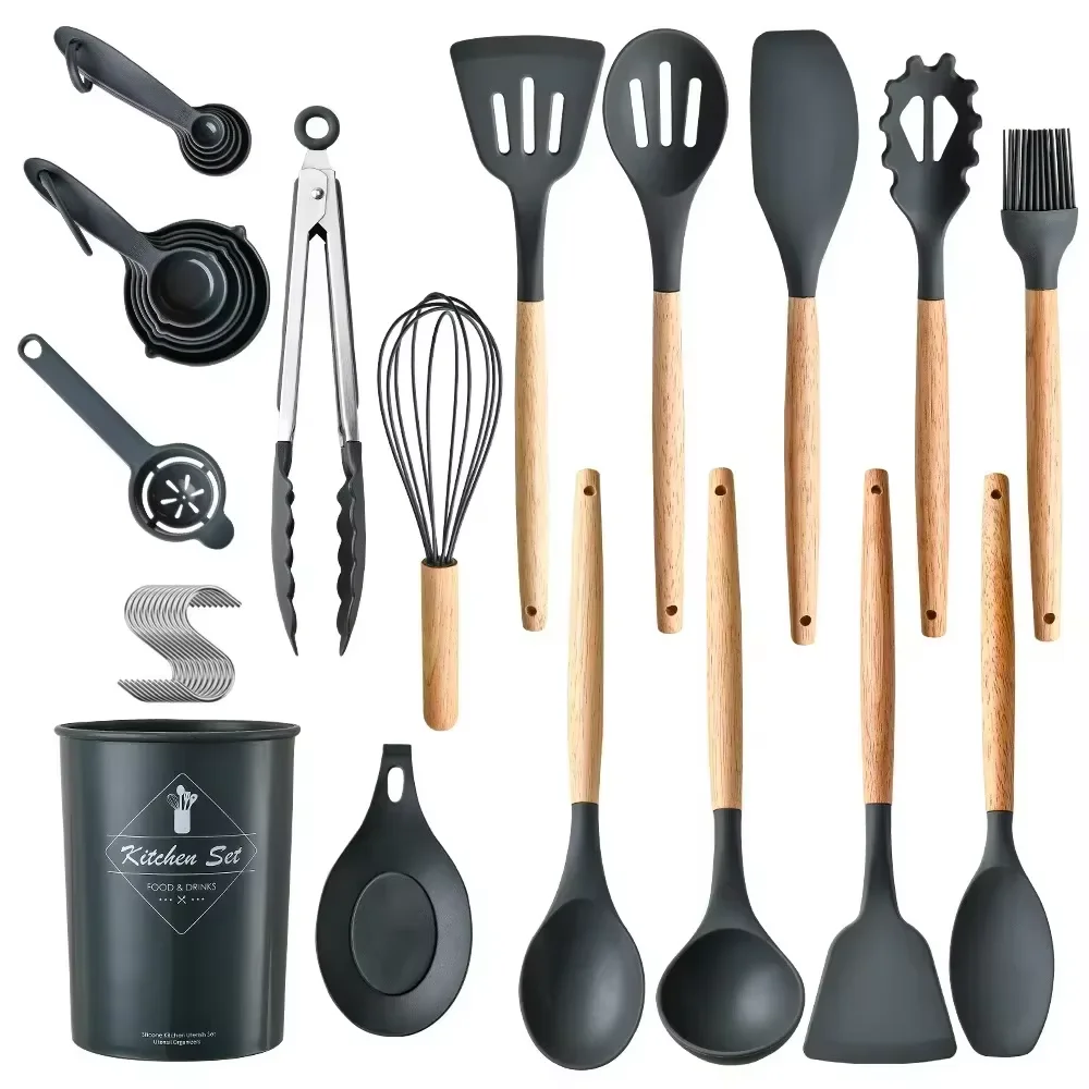 12Pcs Wooden Handle Silicone Kitchen Utensils Set High Temp Resistant Non-Stick Heatproof Storage Bucket Daily Cookiing kitchen utensils