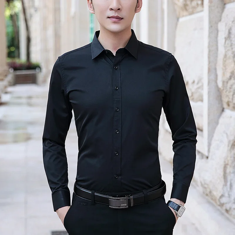 BROWON Size M-5XL Men Dress Shirts Long Sleeve Turn Down Collar Solid Color Business Work Shirt Slim Fit Anti-wrinkle Men Clothe dress shirts men casual shirts