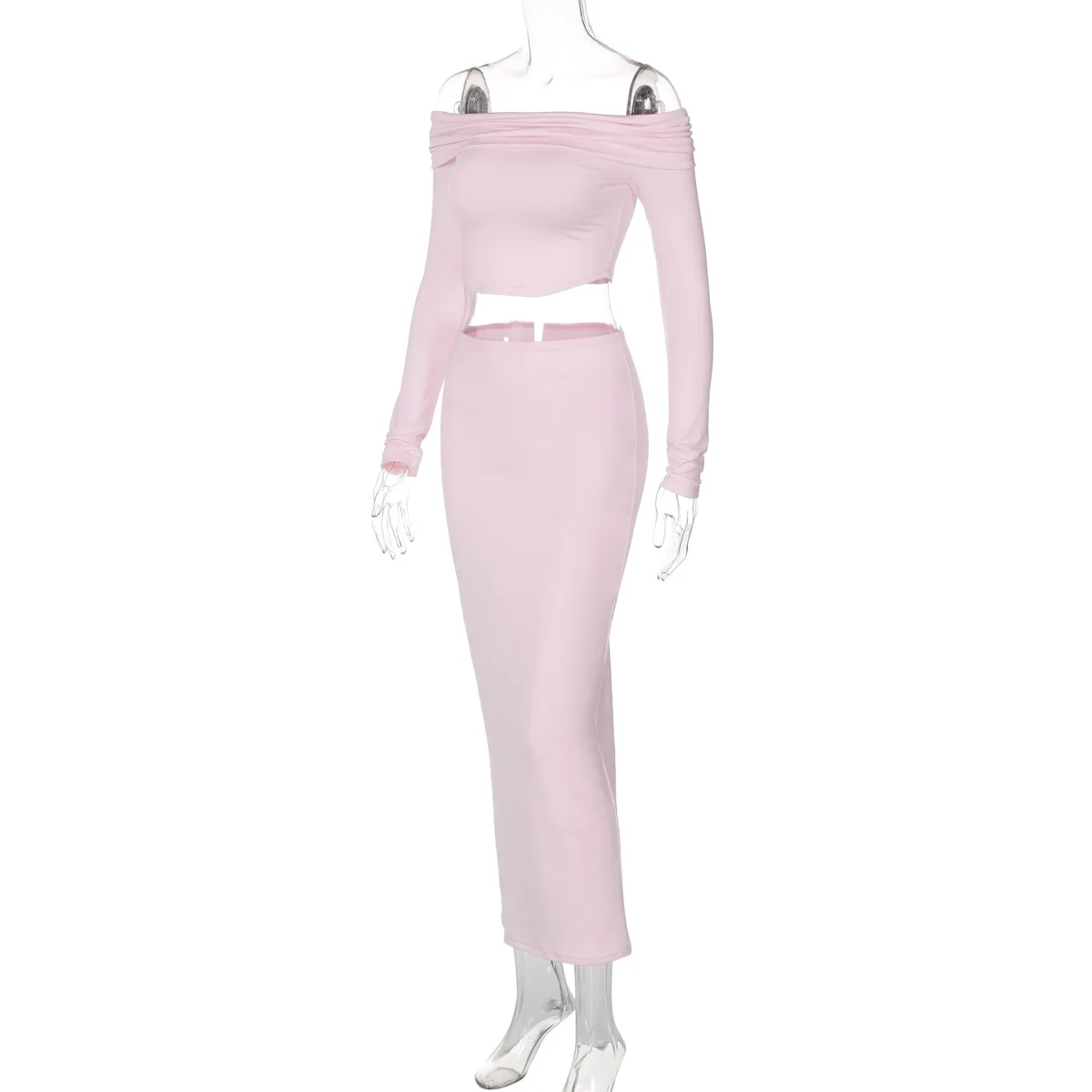 Casual Off-Shoulder 2 Piece-Set Maxi Skirt For Women Patchwork Long Sleeve Pullover Top And Long Skirt Sets Female Outfits