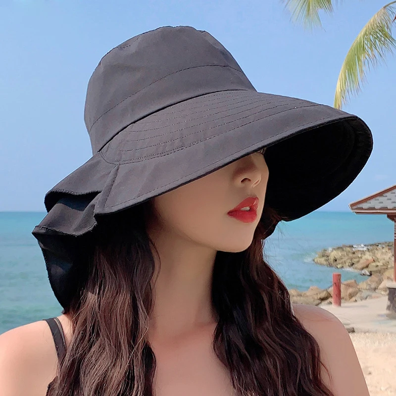여성 나비 매듭 경량 양동이 모자 패션 숨겨진 포니 테일 구멍 큰 챙 모자 안티 자외선 태양 모자 비치 넥 가드 어부 모자