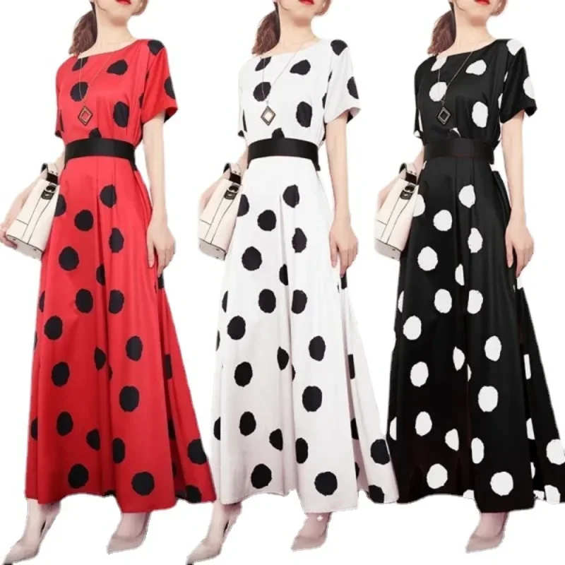 

2024 Women Summer Polka Dot Print Long Dress Short Sleeve Slash Collar Slim Dresses Large Size Elegant Fashion Female Clothing