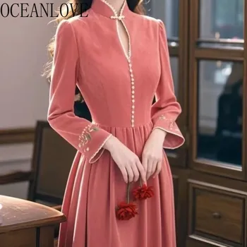 OCEANLOVE Pink Velvet Women Dresses Autumn Winter Palace Style Elegant Vestidos Mujer Vintage Fashion Sweet Long Dress 1