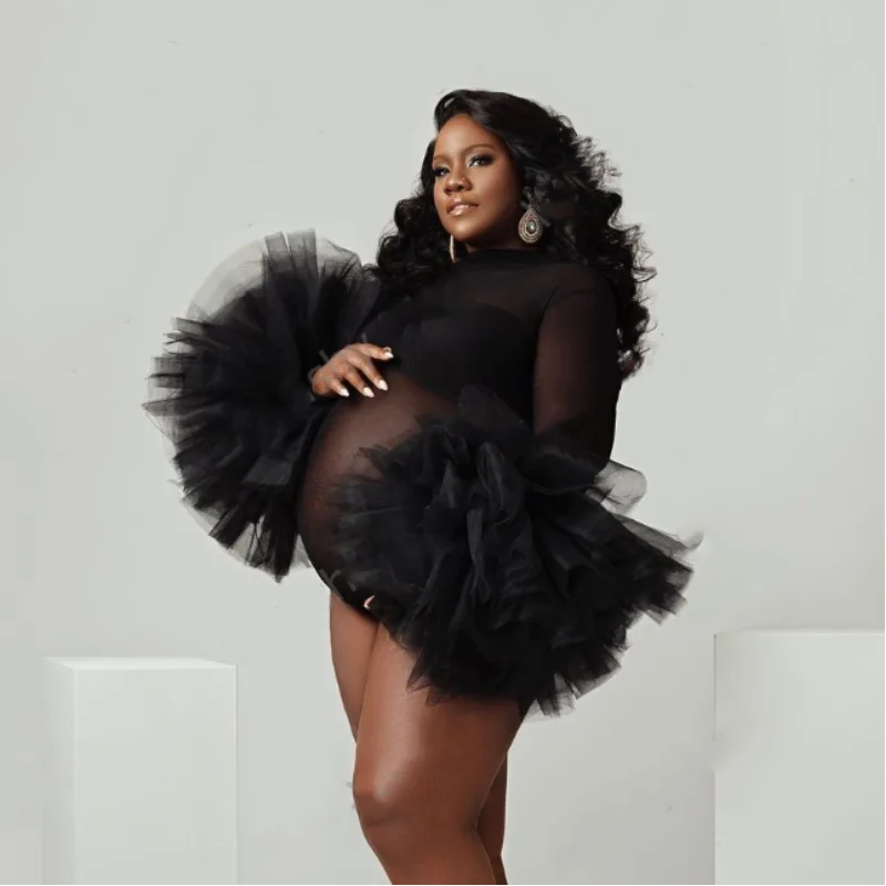 

Maternity Puffy Ruffled Sleeve Photography Bodysuit Fashion Black See Thru Tulle Dress For Pregnant Women Photo Shoot Clothing