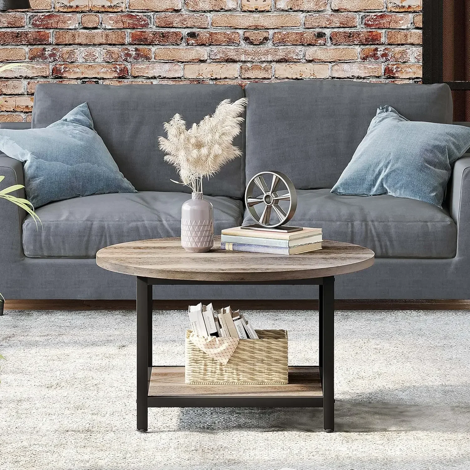 Round Coffee Table,Rustic Wood Coffee Tables for Living Room with Storage Shelf, Modern Farmhouse Circle Coffee Table 3