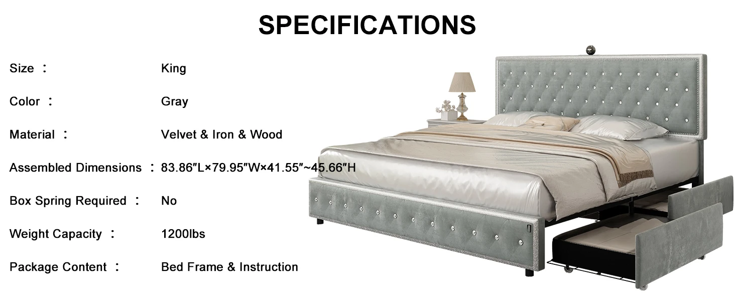 GEGOFORU Upholstered LED Bed Frame with Galaxy Projector, USB & Bluetooth, 4 Storage Drawers, No Box Spring, PU White