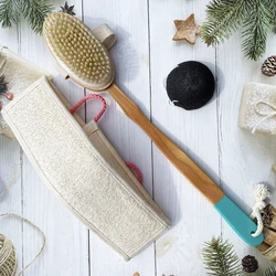Detachable Long-handled Wooden Bathbrush with Boar Bristle Brush Body Dry Massager Loofah Back Scrub Towel Set Cyan Bath Brushes