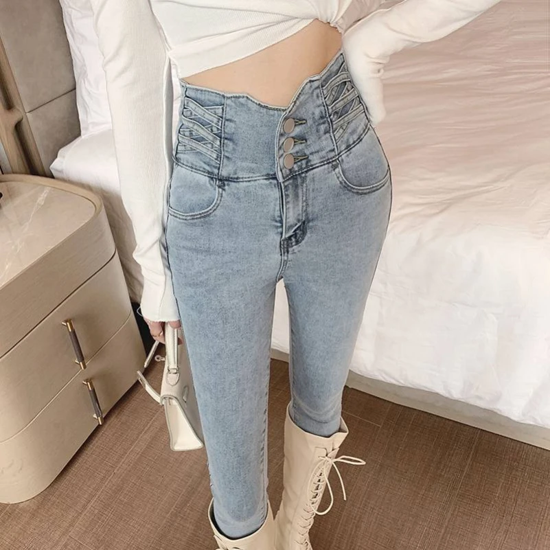 New Korean All-match Slim Denim Trousers Classic Ankle-length Women Pants Vintage High Waist Three Buttons Skinny Pencil Jeans autumn winter fashion pregnant women loose fitting trousers knitted buttons hem ankle length maternity woolen pants formal pants